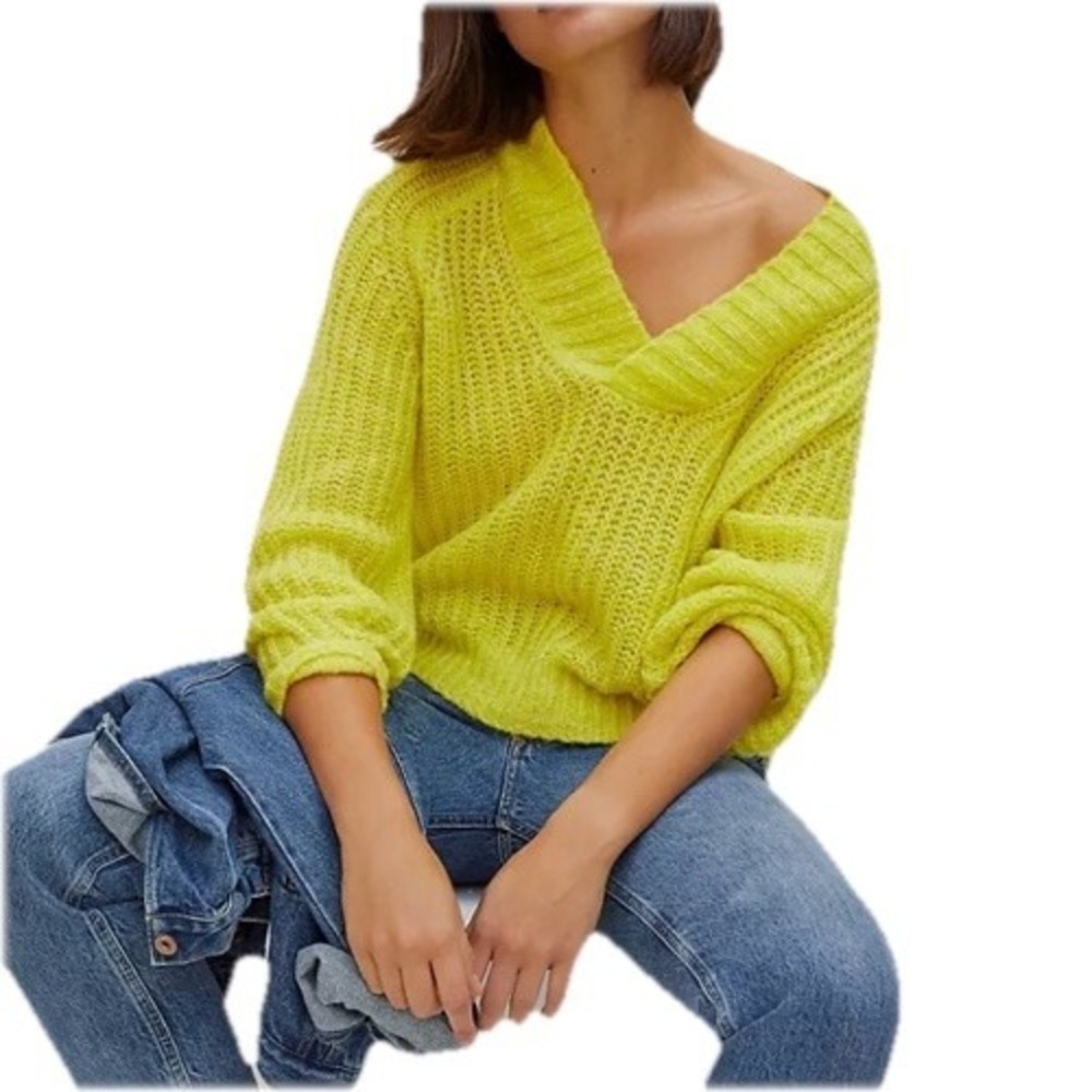 Anthropologie Yellow‎ Cropped Wool Blend Ribbed Balloon Sleeve Sweater Women's S